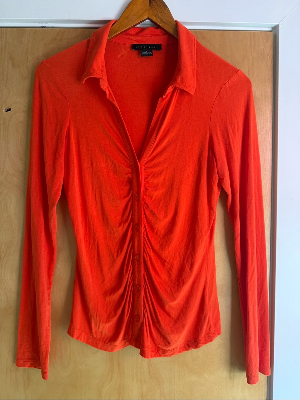 Sanctuary Bright Orange Long-Sleeve Ruched Button-Down Top